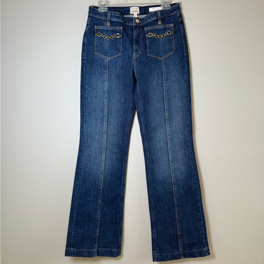 GUESS Dark Blue Mid Rise Se y Boot cut Jeans with Gold Pocket Chain